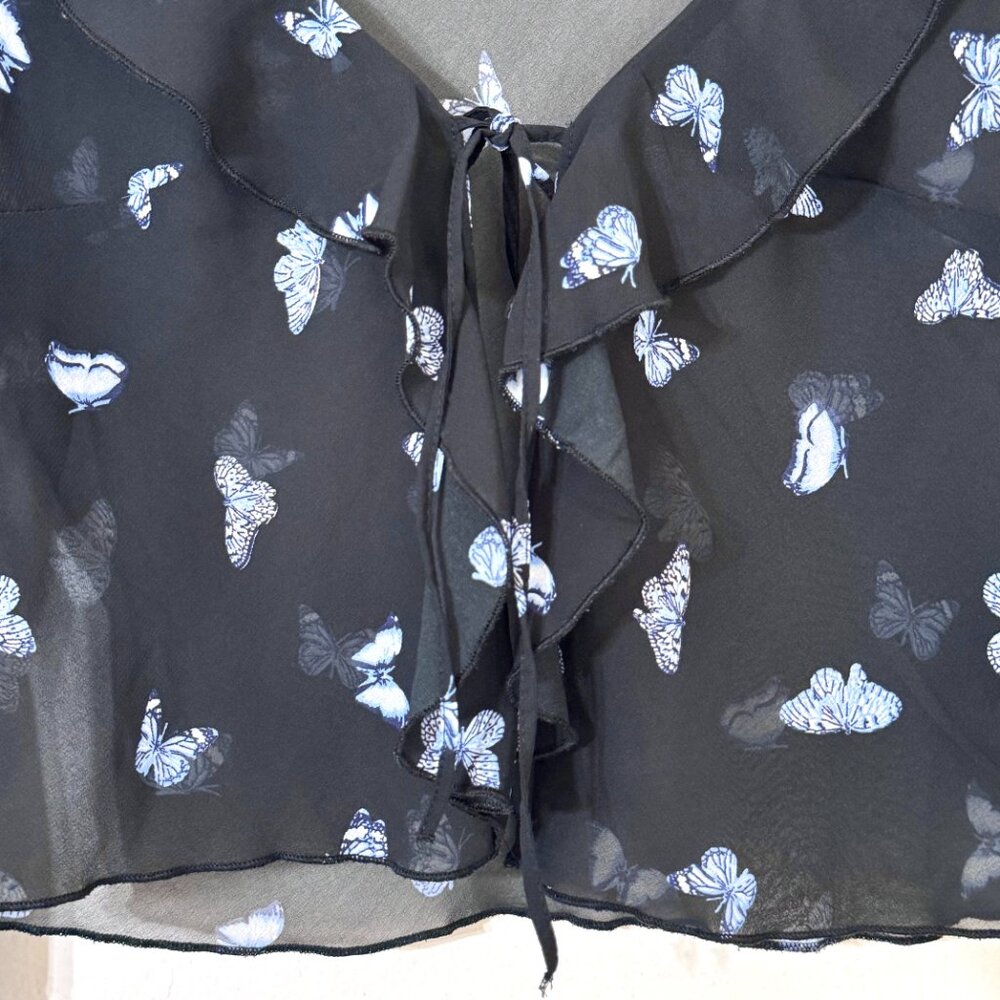 Y2K Butterfly Sheer Chiffon Cropped Top Bell Sleeves Ruffle Collar Cardigan - Picture 3 of 11
